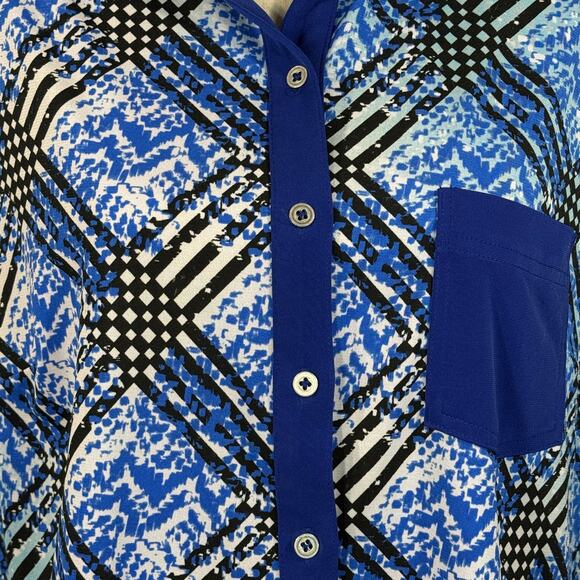 Nygard Petite Large Top Button-Up Hi-Low Hem Stretch 3/4 Sleeve Collared Blue - Picture 2 of 8